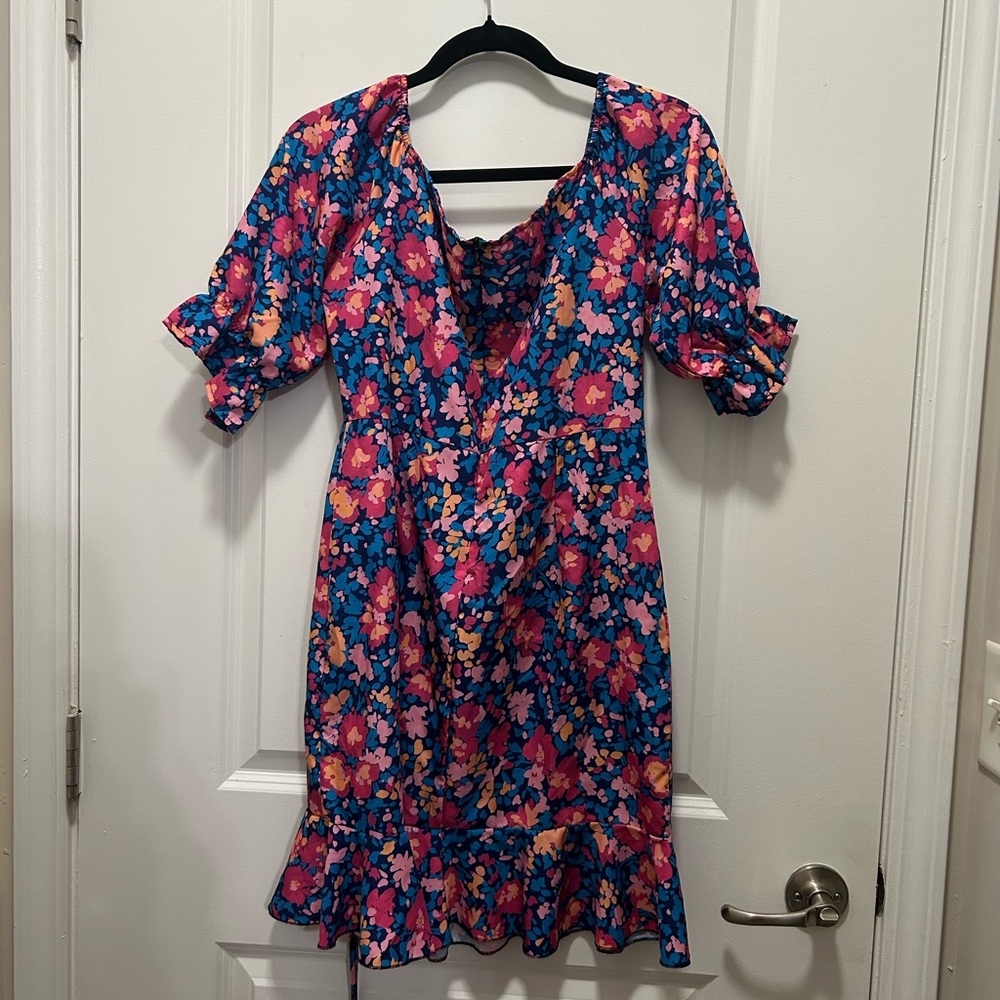 Floral Puff Sleeve Mini Dress W Ruched Details Women’s Medium